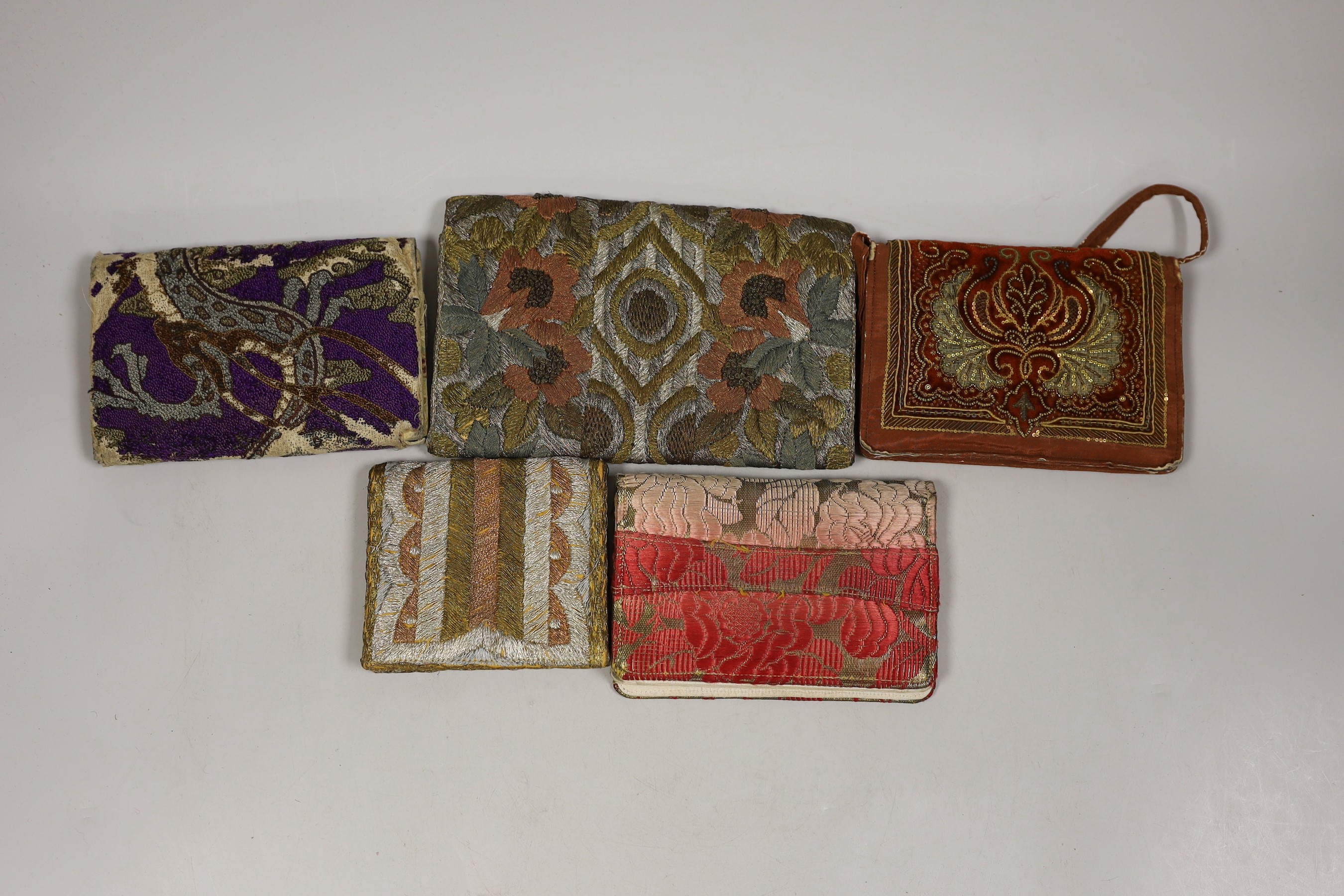 Five various silk and metallic thread embroidered evening bag/purses from 1920’s to 40’s